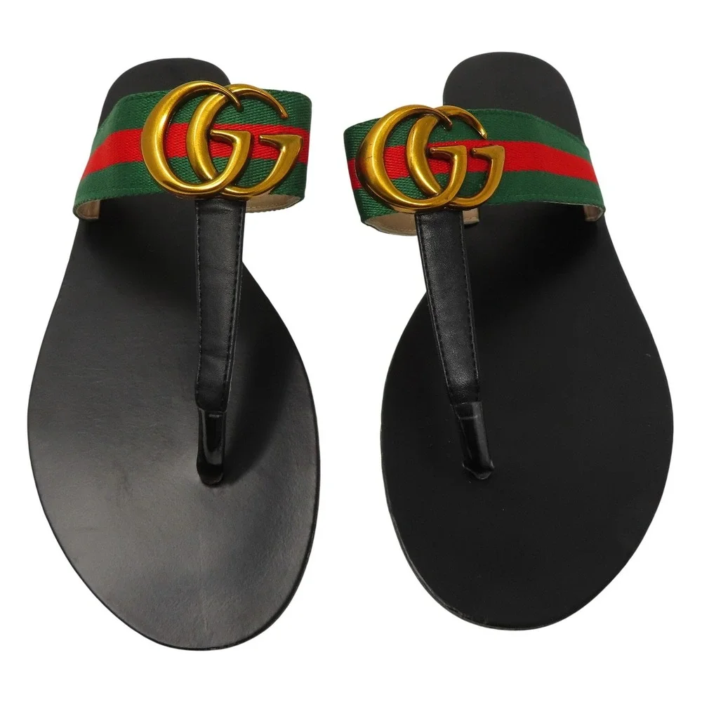 Gucci Double G Web Thong Sandals Black Mens 42 Flip Flops Gold Logo Italy - Picture 3 of 16